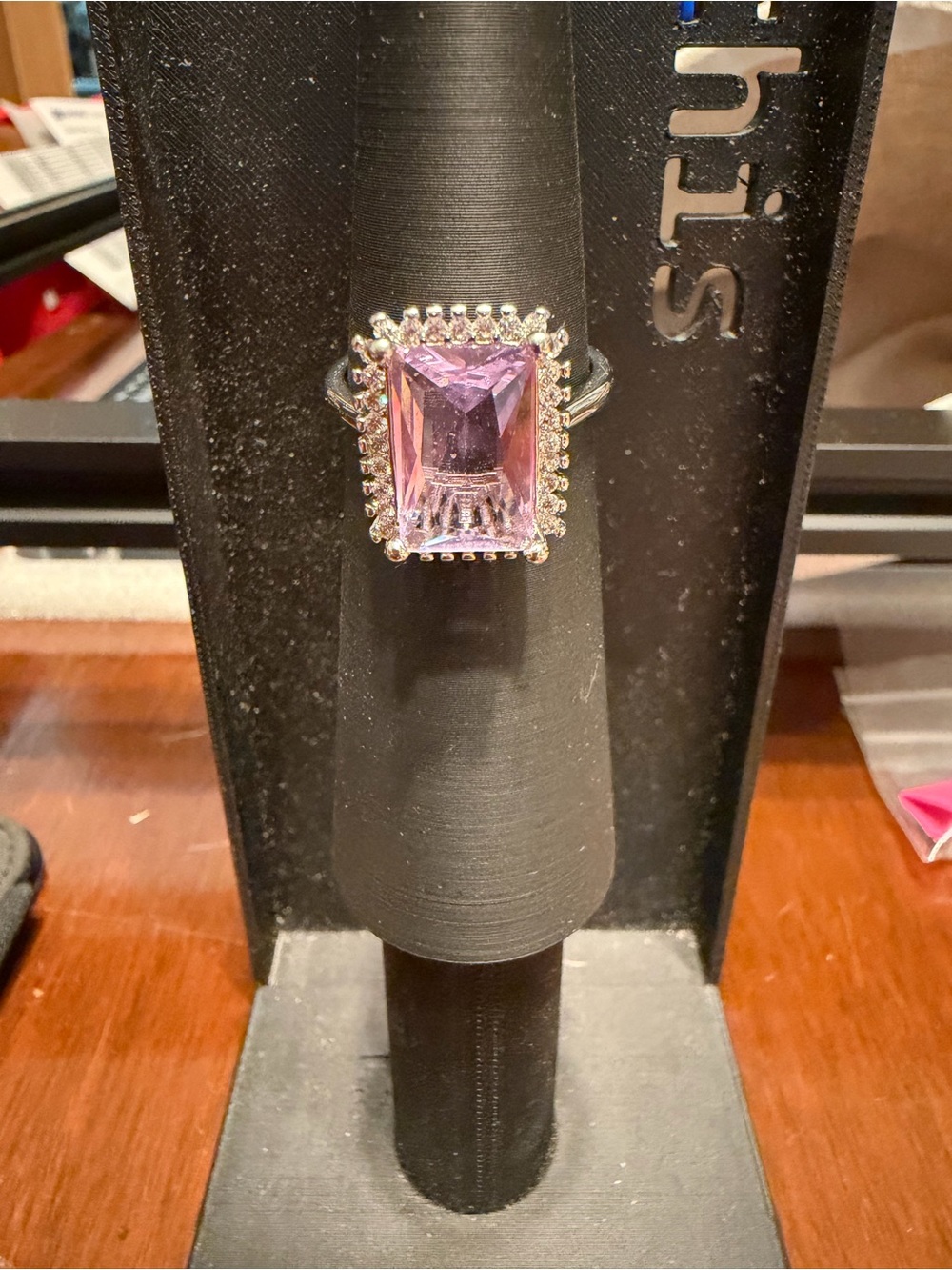 Source Unknown Silver Ring with Rectangular Light Purple Center Stone and Halo
